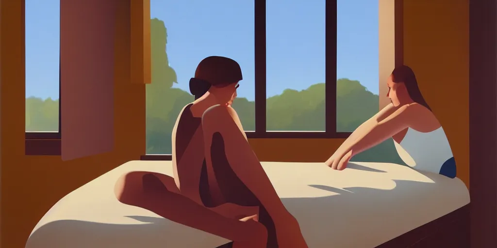 Image similar to sad girl on the bed, looking outside, summer evening, kenton nelson
