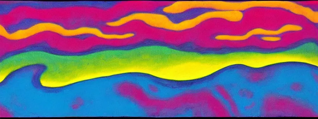 Prompt: Psychedelic sci-fi dreamworld. Landscape painting. Organic. Winding rushing water. Waves. Clouds. Peter Max. Landscape by Milton Avery.