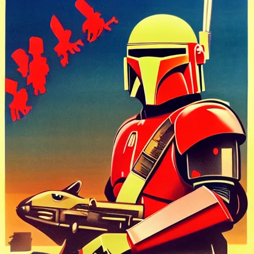 Image similar to soviet propaganda poster of the mandalorian and baby grogu