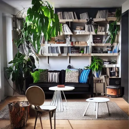 Image similar to living room interior design with style of japandi, light, ikea, warm wood, urban jungle plants, functional, music, art wall, music instruments, music records