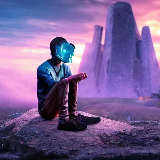 Prompt: young explorer wearing a cyberpunk headpiece, cyberpunk clothes, full body, sitting in a field, monolith ruins in background, sunset, sharp focus, volumetric lighting, highly detailed, by Max Prentis 8k wallpaper