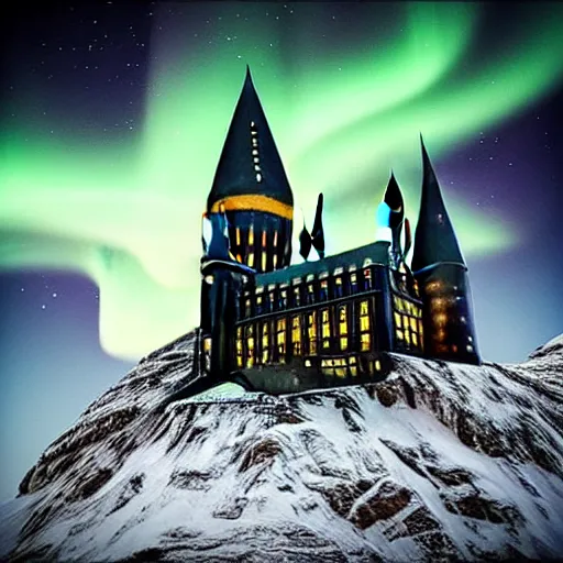 Image similar to “Hogwarts School of Witchcraft and Wizardry with the norther lights in the background. 4k, 8k, unreal 5, very detailed, hyper control-realism,.”