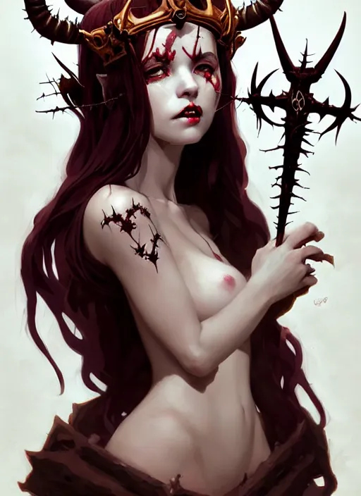 Prompt: portrait of cute succubus girl with crown of thorns and horns covered with runic tattoos, warhammer, dark fantasy, by atey ghailan, by greg rutkowski, by greg tocchini, by james gilleard, by joe gb fenton, by in kaethe butcher, dynamic lighting, gradient light red, brown, blonde cream and white color in scheme, grunge aesthetic