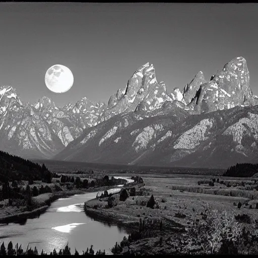 Image similar to the moon and the tetons and the snake river, by ansel adams,