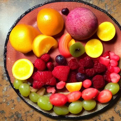 Prompt: a plate of fruit from a strange alien planet