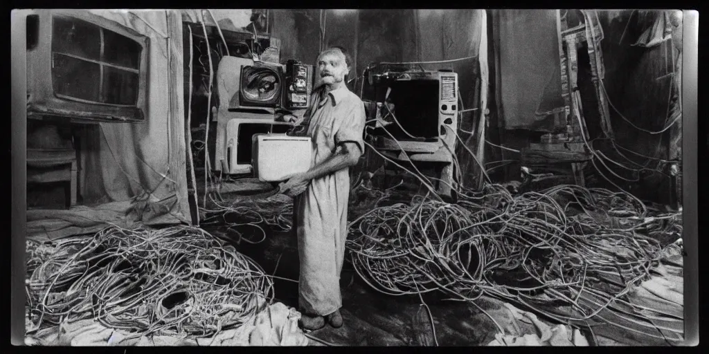 Image similar to detailed medium format photo, polaroid still from tarkovsky movie, a human trash panda character, holding a box of cables and standing next to old electronic equiptment, haze, high production value, intricate details, 8 k resolution, hyperrealistic, hdr, photorealistic, high definition, technicolor, award - winning photography, masterpiece, black and white