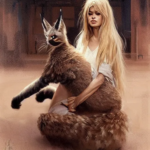 Image similar to young brigitte bardot rides a fluffy caracal in paris, hyperrealistic, detailed, art by greg rutkowski