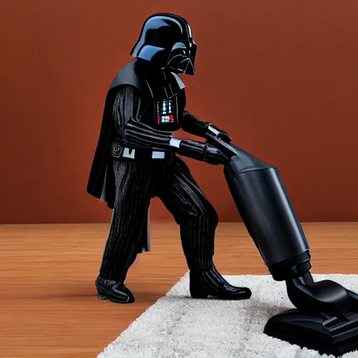 Image similar to Darth Vader vacuuming the house, photo realistic, award-winning, highly-detailed