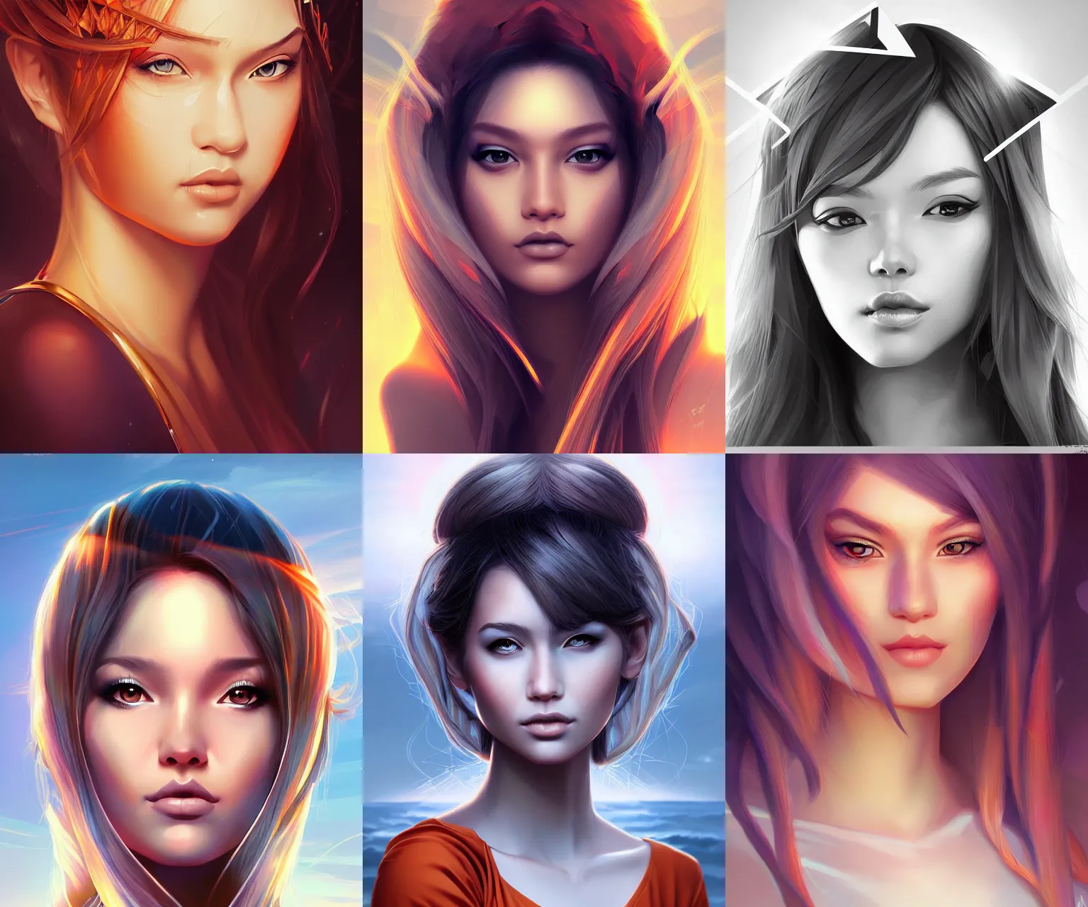 Prompt: tsunami geometric princess portrait, auburn beauty, artgerm, wlop, sunrise, artstation