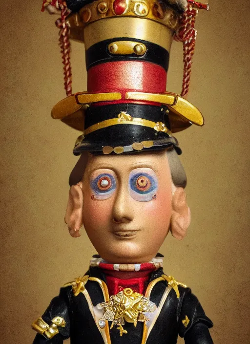 Image similar to closeup portrait of tin toy napoleon bonaparte, depth of field, zeiss lens, detailed, symmetrical, centered, fashion photoshoot, by nicoletta ceccoli, mark ryden, lostfish, earl nore, hyung tae, frank frazetta, breathtaking, 8 k resolution, extremely detailed, beautiful, establishing shot, artistic, hyperrealistic, octane render