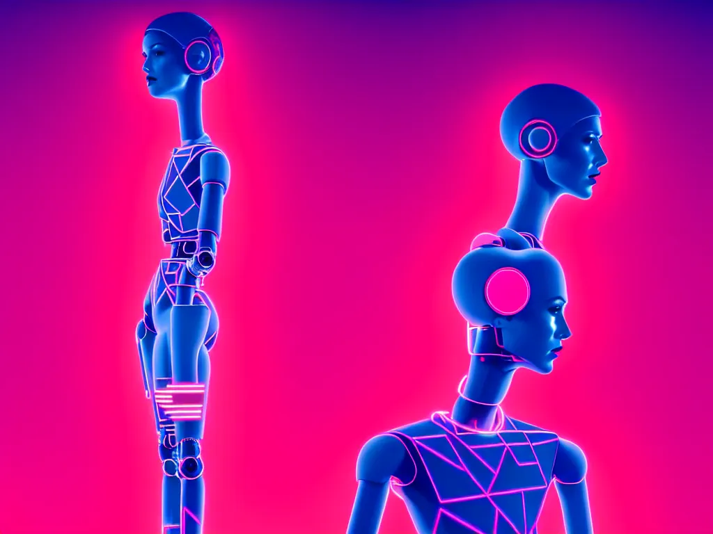 Prompt: beautiful tall female robot printed with red and black 3 d geometrical neon facing a doorway opening with neon pink geometric fractal light + a portal to a vaporwave world, flowering pineapples, transcendent, clean linework, dramatic, finely detailed, 4 k, trending on artstation, photorealistic, volumetric lighting, octane render