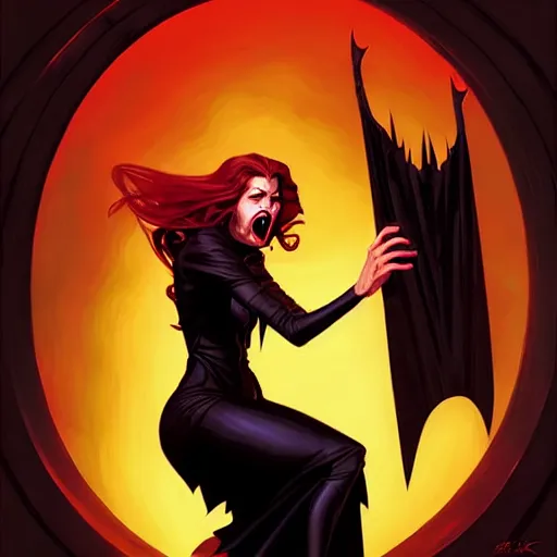 Image similar to rafael albuquerque comic art, peter mohrbacher, steve niles, artgerm, pretty mary elizabeth winstead witch sharp vampire teeth open mouth, black dress, symmetrical eyes, long blonde hair