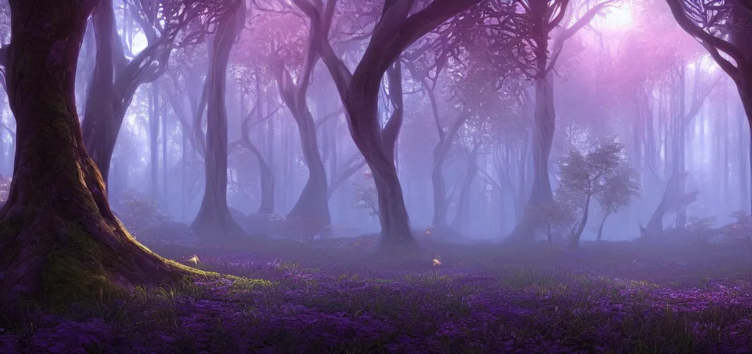 Prompt: beautiful view of a mystical forest with winding branches, landscape, glow, will - o - the - wisp, symmetrical, unreal engine, dramatic lighting, ultra detailed, ambient occlusion, slight bloom, illumination, soft lighting, crepuscular rays, ray tracing, vibrant, vivid colors, beautiful, by noah bradley and jordan grimmer