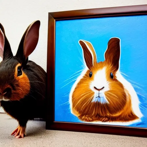 Prompt: a rabbit proudly posing next to a painting of a guinea pig