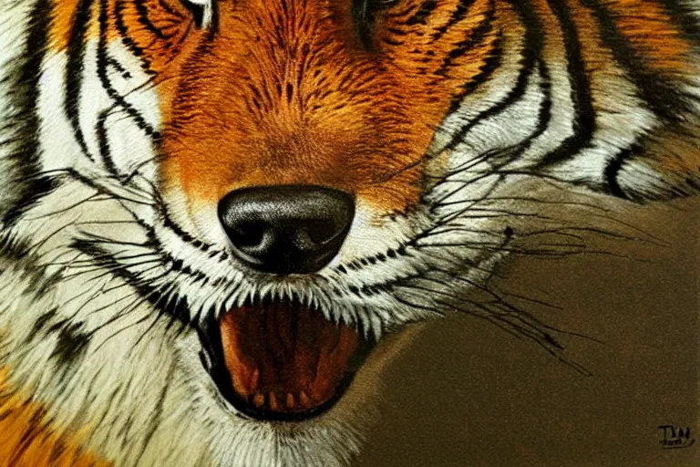 Image similar to wolf tiger hybrid animal, growling, fangs, portrait by tim eitel