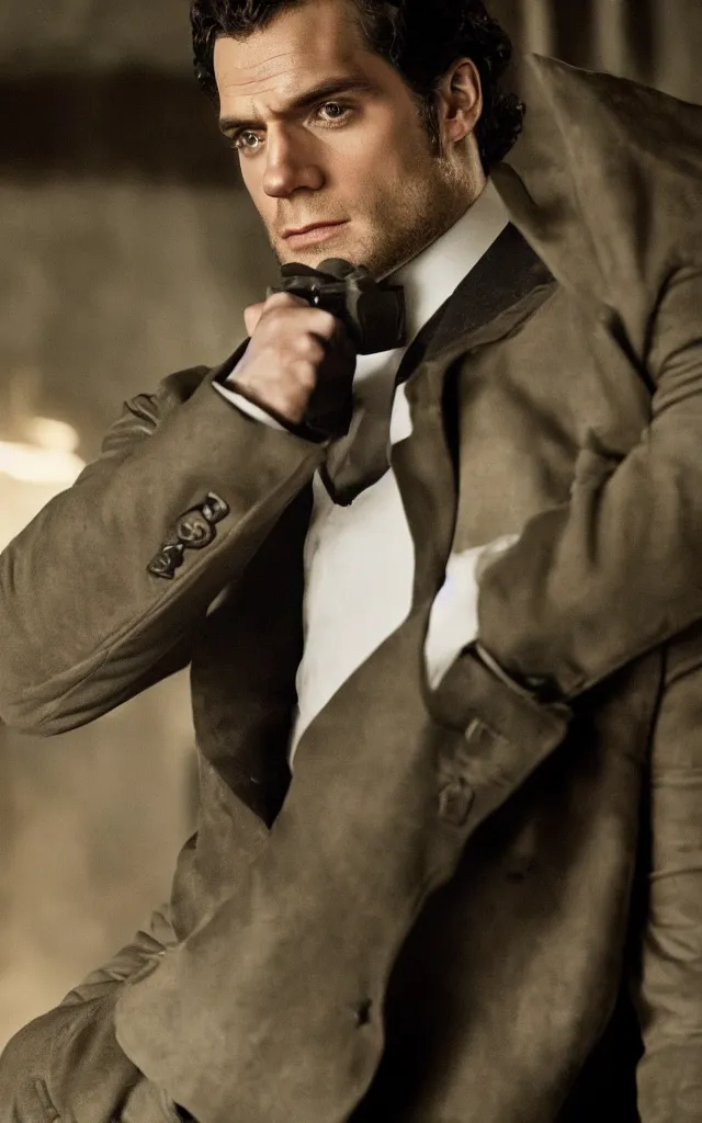 Image similar to henry cavill in the role of james bond by camille corot, cinematic, moody lighting, cinematic lighting