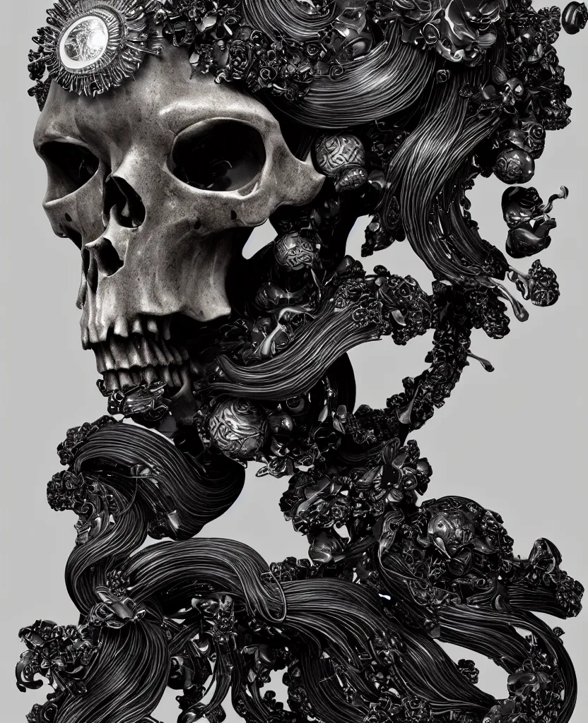 Image similar to goddess princess face close-up portrait ram skull. sculpture made of black obsidian. jellyfish phoenix head, nautilus, orchid, skull, betta fish, bioluminiscent creatures, intricate artwork by Tooth Wu and wlop and beeple. octane render, trending on artstation, greg rutkowski very coherent symmetrical artwork. cinematic, hyper realism, high detail, octane render, 8k