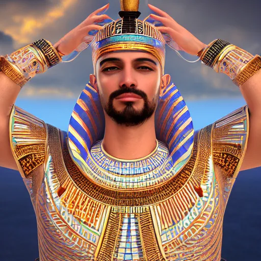 Image similar to a man in egyptian clothing wearing rings and jewlery on his neck, 8k resolution, serene, photorealistic, digital art, hyperdetailed, Unreal Engine, dynamic lighting, ultra detailed, trending on art station, concept art, stunning visuals, extreme detail