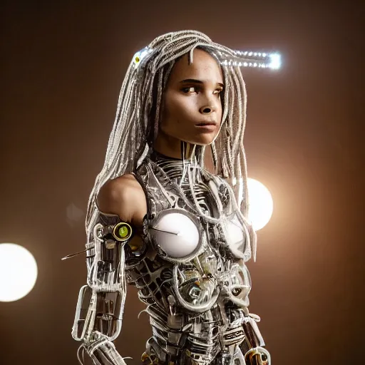 Image similar to beautiful Fine art photo of Zoe Kravitz as a solarpunk robotic goddess, white mechanical parts with led lights, photorealistic, centered, highly detailed and intricate, sun lighting, 8k