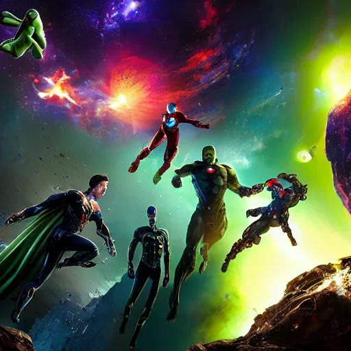 Image similar to the avengers battle one eldritch garfield in space, galaxy, hd, 8 k, explosions, gunfire, lasers, giant, epic, colorful, realistic photo, unreal engine, stars, prophecy, powerful, cinematic lighting, destroyed planet, debris, justice league, movie poster, violent, sinister, ray tracing, dynamic, print, epic composition, dark, moody