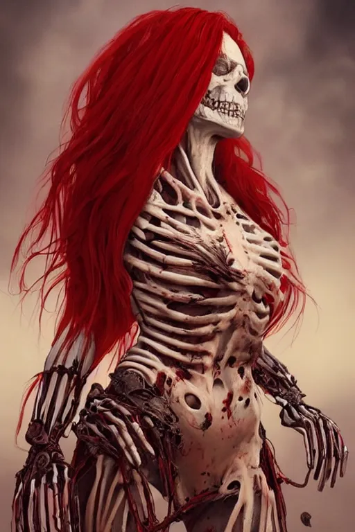 Image similar to woman skeleton covered with blood, long red hair, ultra realistic, concept art, intricate details, highly detailed, photorealistic, octane render, 8 k, unreal engine. mild film still, heavy grain, art by artgerm and greg rutkowski and alphonse mucha