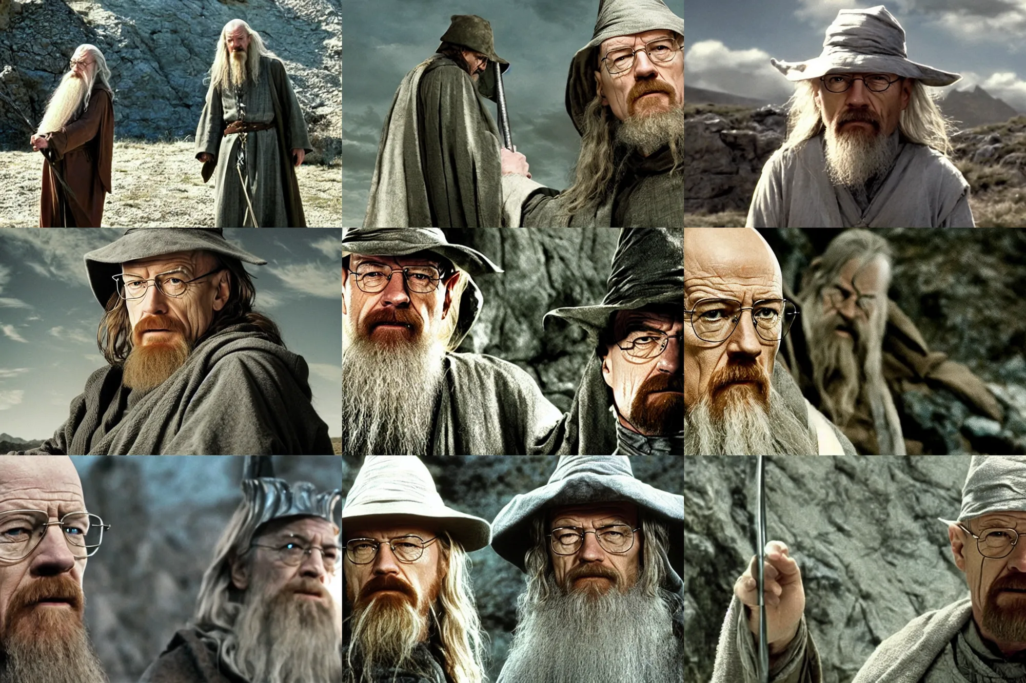 Prompt: Walter White as Gandalf, movie still from Lord of the Rings