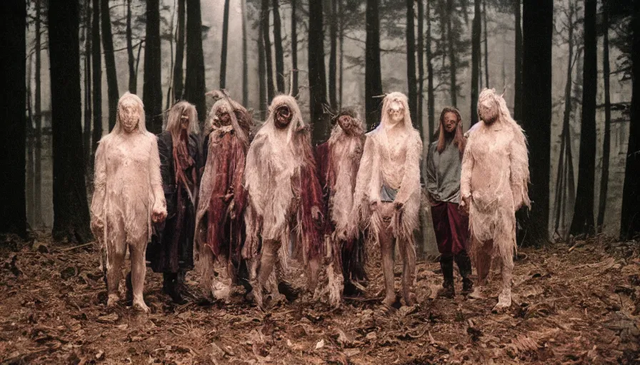 Prompt: high realistic photo portrait of esoteric tribes members with taxidermic flesh bloody mask in a foggy forest, cinestill 800t 35mm, heavy grain, high quality,