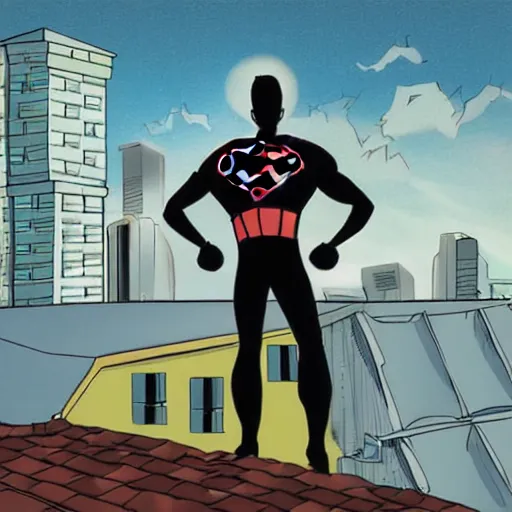 Prompt: a grounded superhero looking to city on a rooftop, digital art