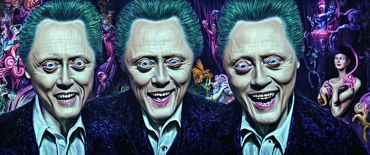 Image similar to neo-surrealist rococo close-up matte painting of old christopher walken pointing and laughing at me hannah yata very dramatic neon lighting 8k wide angle shallow depth of field
