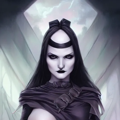 Prompt: portrait of pale smiling goth girl, cover by Artgerm  from artstation