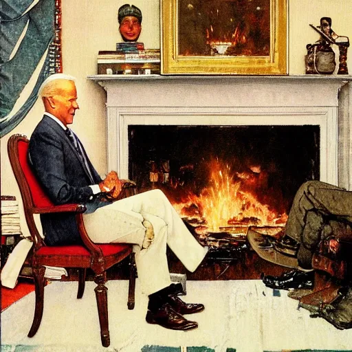 Prompt: a portrait painting by Norman Rockwell of Joe Biden sitting in a chair. Cozy fire. Legs crossed