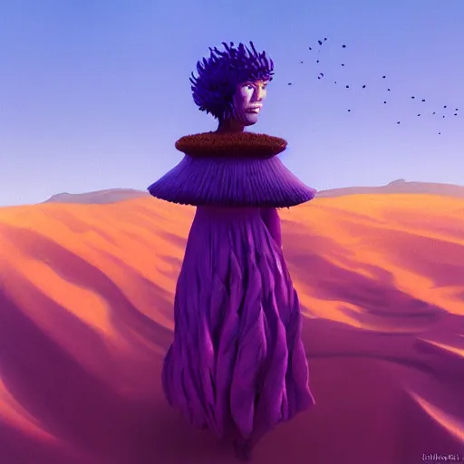 Image similar to portrait, giant purple dahlia flower head, woman between dunes, surreal photography, sunrise, blue sky, dramatic light, impressionist painting, digital painting, artstation, simon stalenhag