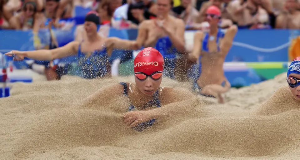 Image similar to olympic swimming in sand instead of water, extremely coherent