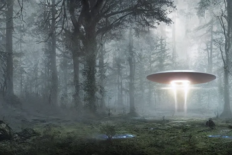 Image similar to ufo in a forest, concept art, intricate details, eerie, highly detailed, photorealistic, octane render, 8 k, unreal engine. art by greg rutkowski and james gurney and h r giger