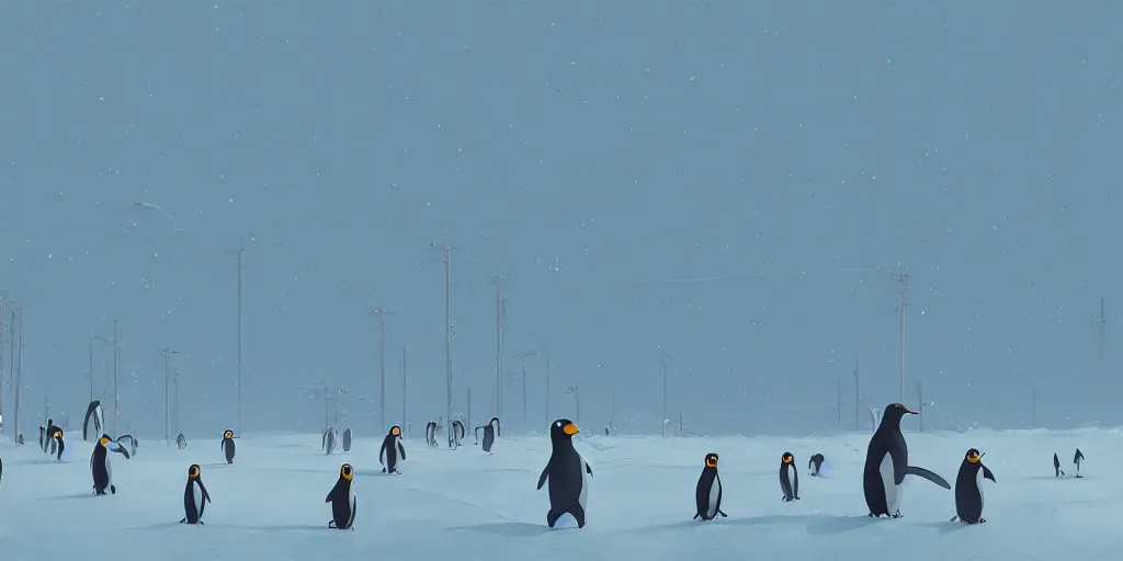 Prompt: the beginning of penguins by Simon Stalenhag and Goro Fujita, trending on artstation, 8K, highly detailed