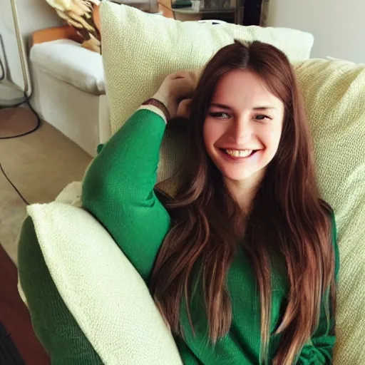 Prompt: Selfie photograph of a cute young woman smiling, long shiny bronze brown hair, full round face, emerald green eyes, medium skin tone, light cute freckles, smiling softly, wearing casual clothing, relaxing on a modern couch, interior lighting, cozy living room background, close-up shot, trending on instagram