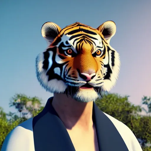 Prompt: a scientist man with a tiger head and a white blouse, ultra detail, full body, ultra realistic, realistic fur, unreal engine 8 k