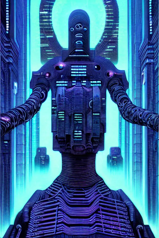 Image similar to a cyberpunk illustration, a godlike ai gains awareness by thomas ligotti and wayne barlowe