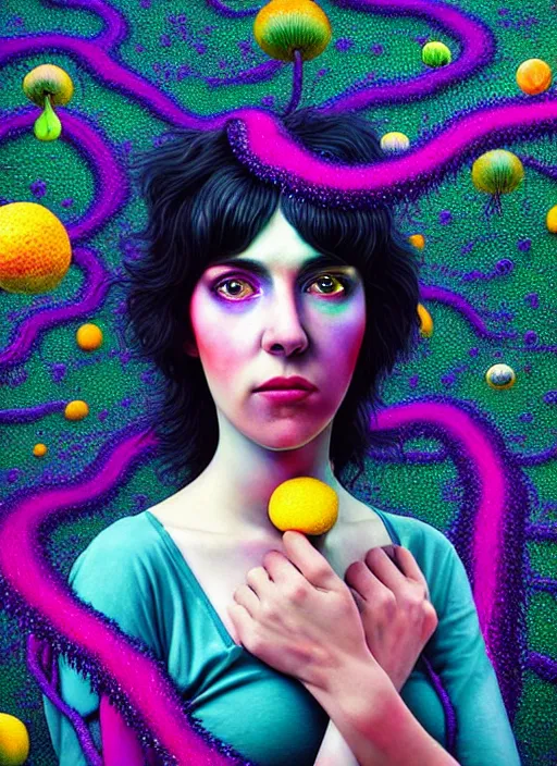 Image similar to hyper detailed 3d render like a Oil painting - Ramona Flowers with wavy black hair wearing thick mascara seen Eating of the Strangling network of colorful yellowcake and aerochrome and milky Fruit and Her staring intensely delicate Hands hold of gossamer polyp blossoms bring iridescent fungal flowers whose spores black the foolish stars by Jacek Yerka, kawaii ,Mariusz Lewandowski, cute silly face, Houdini algorithmic generative render, Abstract brush strokes, Masterpiece, Edward Hopper and James Gilleard, Zdzislaw Beksinski, Mark Ryden, Wolfgang Lettl, Dan Hiller, hints of Yayoi Kasuma, octane render, 8k