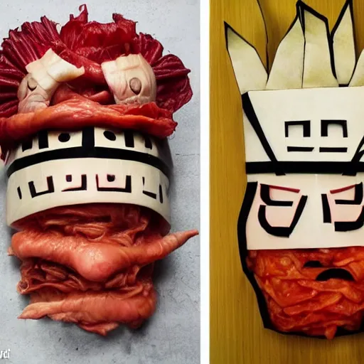 Prompt: an ominous terrifying being made of kimchi and hatred