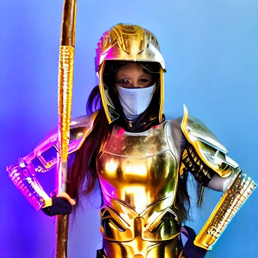 Image similar to photo of a female warrior with galaxy colored armour and weapons