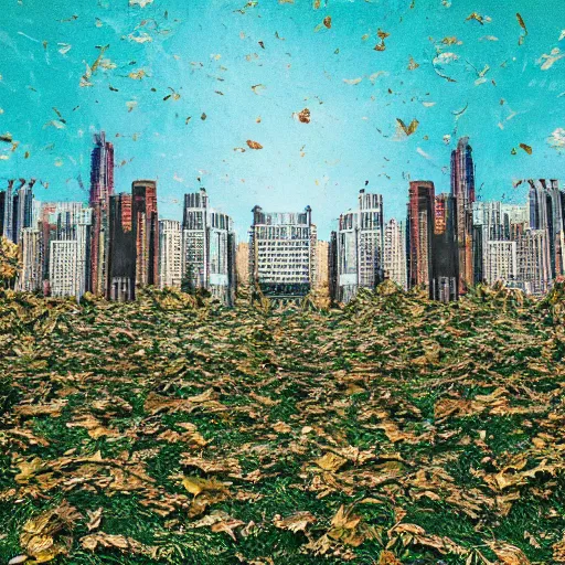 Image similar to a city made of leaves and petals surreal style