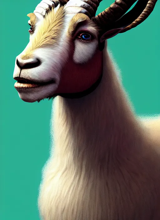 Image similar to anthropomorphic portrait of will smith as a goat, au naturel, hyper detailed, digital art, trending in artstation, cinematic lighting, studio quality, smooth render, unreal engine 5 rendered, octane rendered, art style by klimt and nixeu and ian sprigger and wlop and krenz cushart