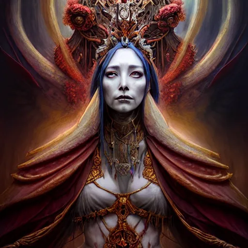 Prompt: a beautiful detailed 3d matte painting of female empress of the dead, by ellen jewett, tomasz alen kopera and Justin Gerard, symmetrical features, ominous, magical realism, texture, intricate, ornate, royally decorated, skull, skeleton, whirling smoke, embers, red adornements, red torn fabric, radiant colors, fantasy, trending on artstation, volumetric lighting, micro details, 3d sculpture, ray tracing, 8k