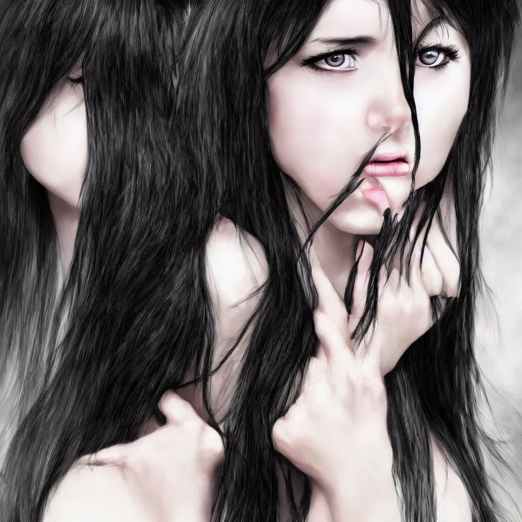 Image similar to A 20 years old Paludnitsa crying. Long black hair, perfect face, beautiful dark eyes, white dress, menacing, smooth, sharp focus, vivid colors, highly detailed, digital art, 4k, medium shot.