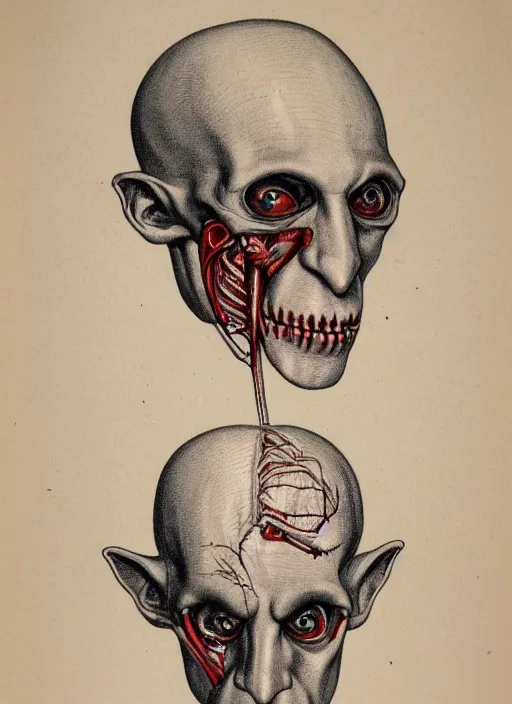 Image similar to vintage medical anatomical illustration of nosferatu head, highly detailed, labels, intricate writing