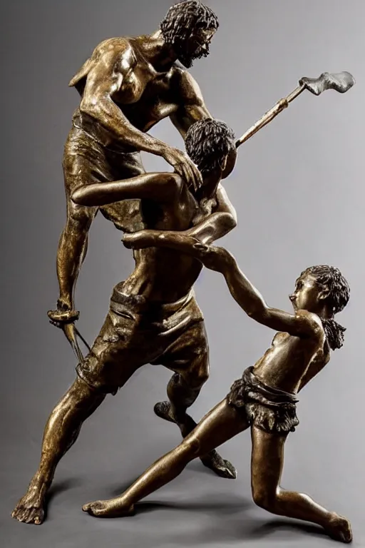 Prompt: a beautiful bronze sculpture of a fighting scene beetwen david and goliath by christophe charbonnel, rust and plaster materials