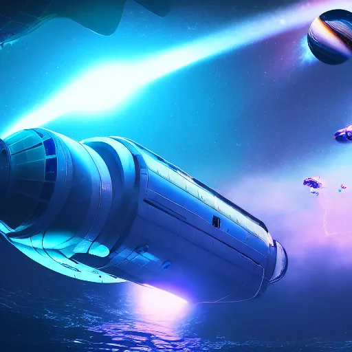Prompt: hyper realistic underwater space station, spaceships flying through, planets on the background, cinematic lightning, medium shot, mid-shot, highly detailed, trending on Artstation, Unreal Engine 4k, cinematic wallpaper