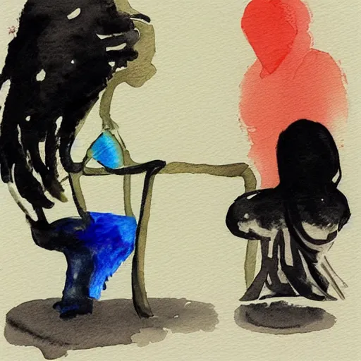 Prompt: a psychotherapist meets a client in his practice and helps her through a very difficult time for her, stylized watercolour