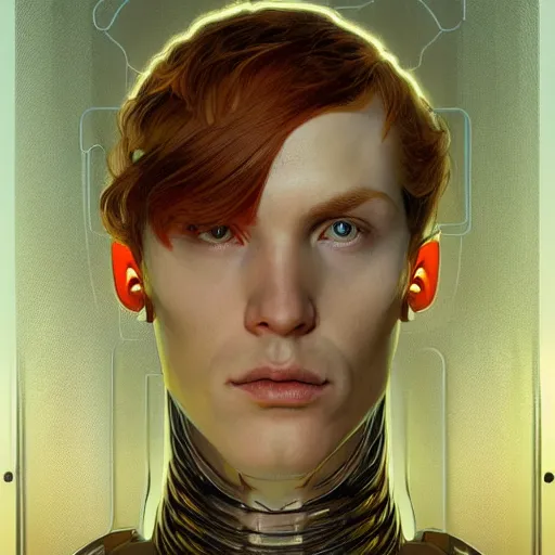 Image similar to portrait of a beautiful ginger male android, coy, circuitry visible in head, in the style of ex machina, karol bak, alphonse mucha, greg rutkowski, award winning, hr giger, artstation